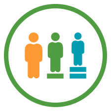 Green circle icon with three people of different heights on stands that make their height equal