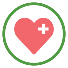 Green circle icon with pink heart and a plus sign