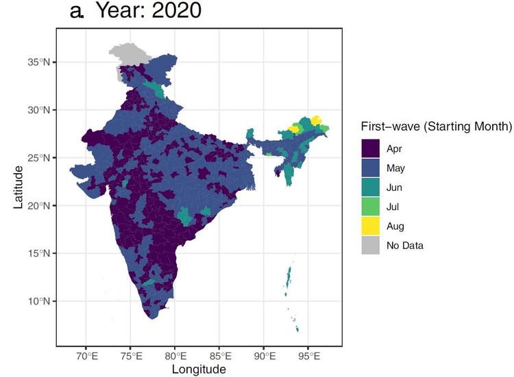 Fig 2a: COVID-19 onset timing across districts in India in 2020