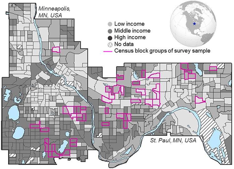 Figure 1. Map of Minneapolis (left) and St. Paul (right), together referred to as the Twin Cities, showing the distribution of high—(dark gray), middle—(medium gray), and low—(light gray) income by household.