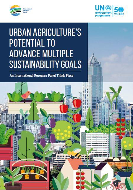 UNEP report cover with drawing of a city filled with plants