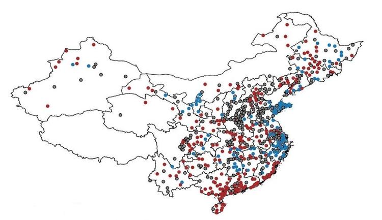 Map showing cities with cobenefits in China