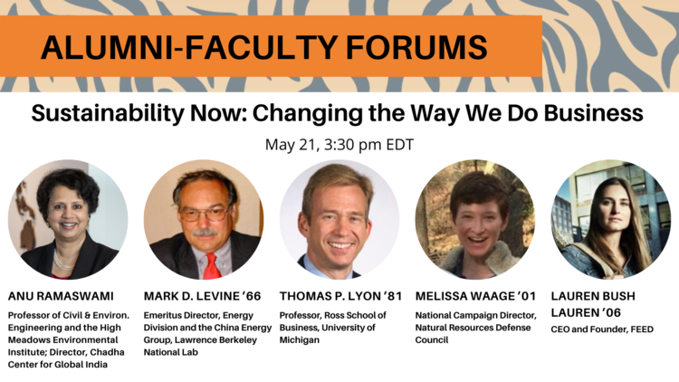Alumni Faculty Forums: Sustainability Now, May 21, 3:30 pm EDT. Photos and titles of speakers also listed below