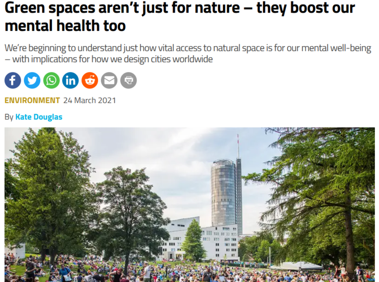 Screenshot of New Scientist article on green spaces