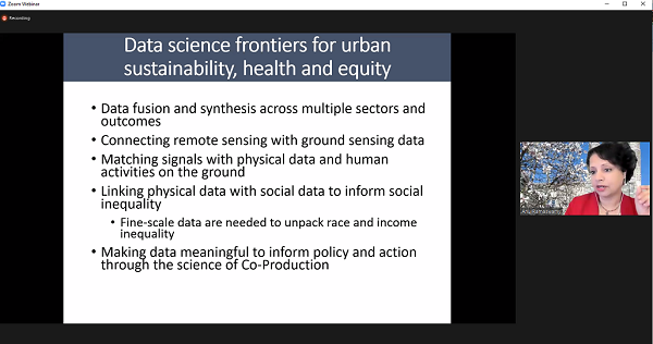 Screenshot of Ramaswami's presentation: frontiers in data science including remote sensing, making data meaningful to inform policy
